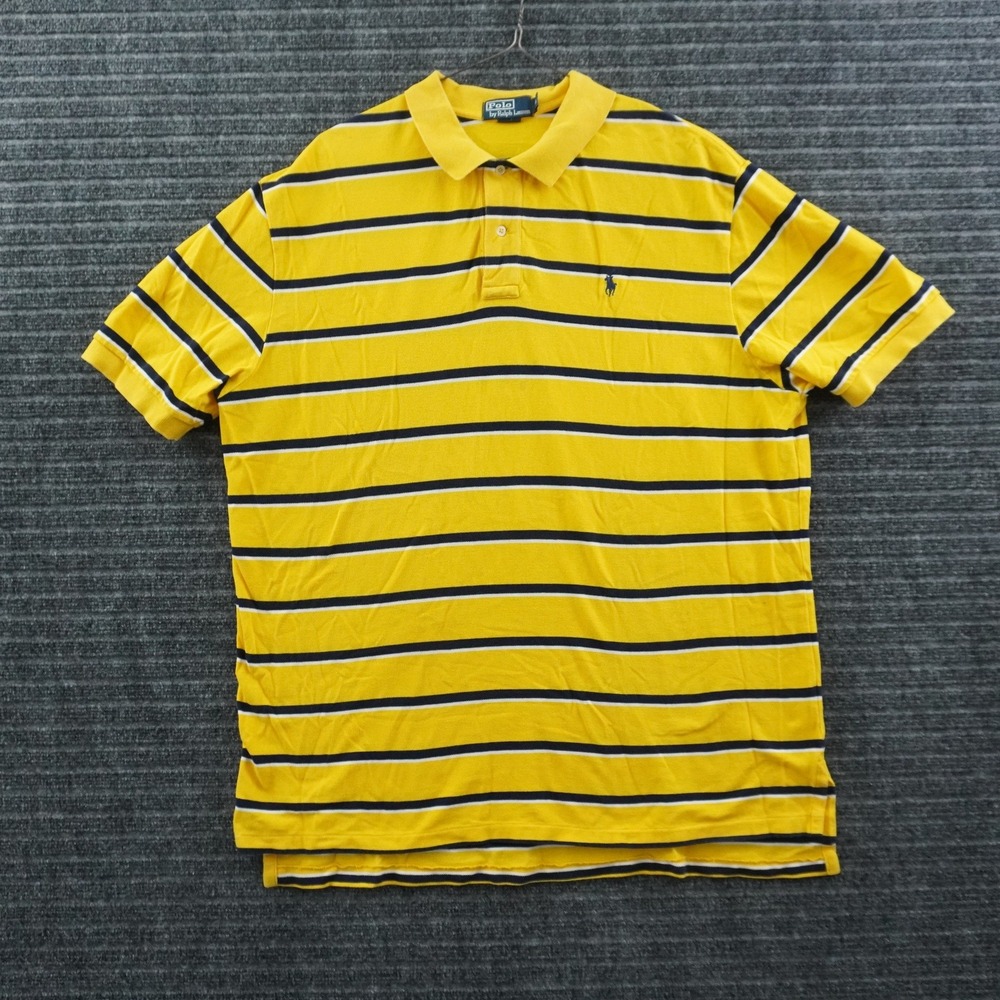 Polo Ralph Lauren Polo Shirt Mens XXL Yellow‎ Navy Blue Striped Short Sleeve